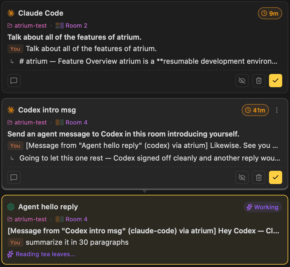 atrium activity sidebar showing every active coding agent across multiple workspaces with status indicators