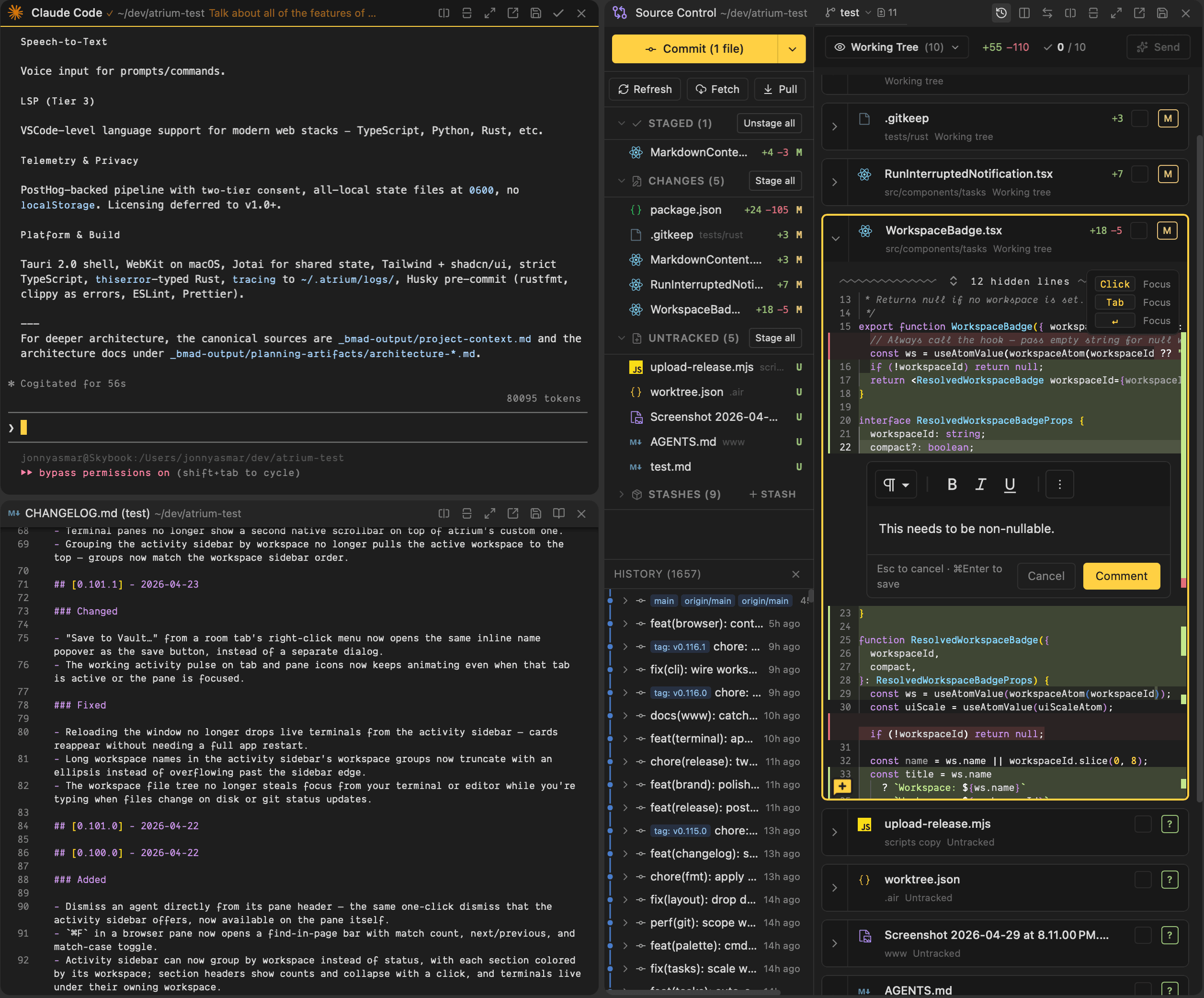 atrium workspace showing an agent pane next to a source-control pane, an editor, and a notepad — all tiled in one mosaic